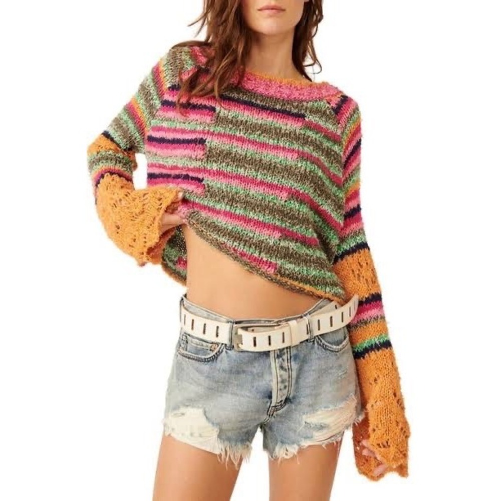 Free People Butterfly Striped Pullover Sweater Multi Color OB1897928 M